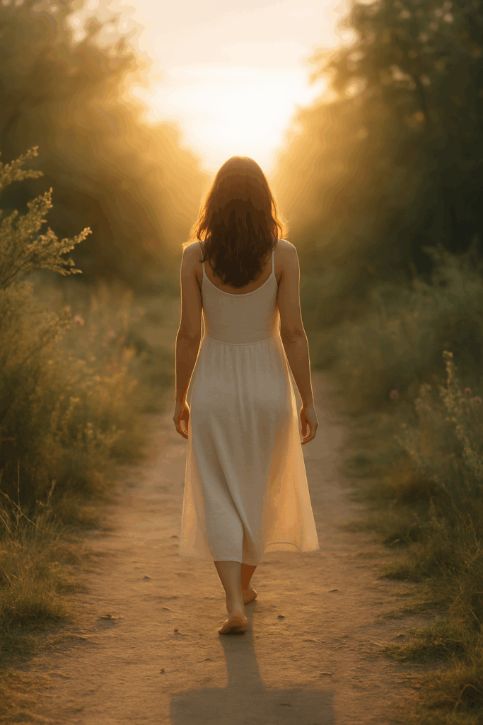 a woman walking calmly in nature