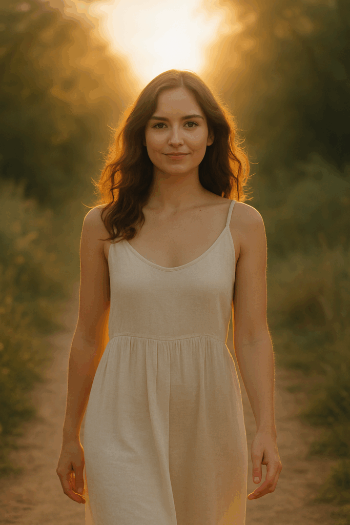 woman facing forward, calm, grounded, and free