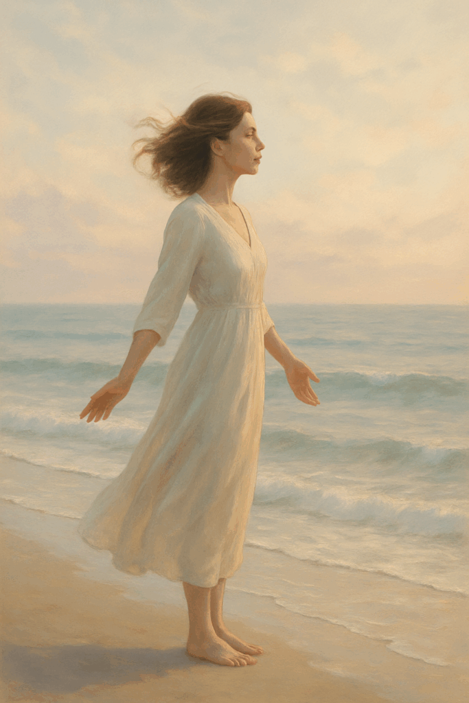 woman standing next to the water letting go