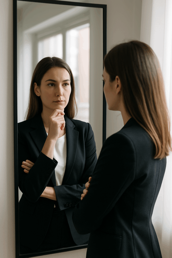 a woman thinking in front of the mirror