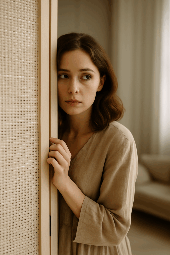 a woman standing behind the folding screen