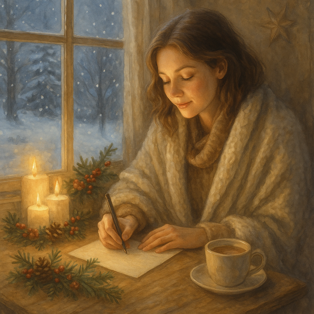 woman writing a letter at Christmas 