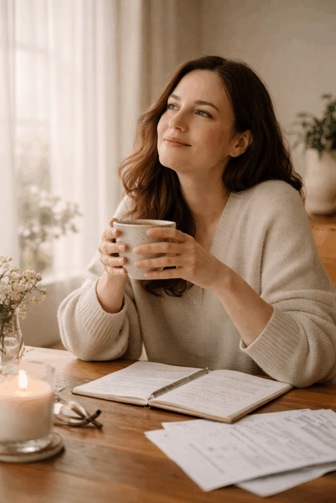 a woman sitting calmly with a cup and thinking