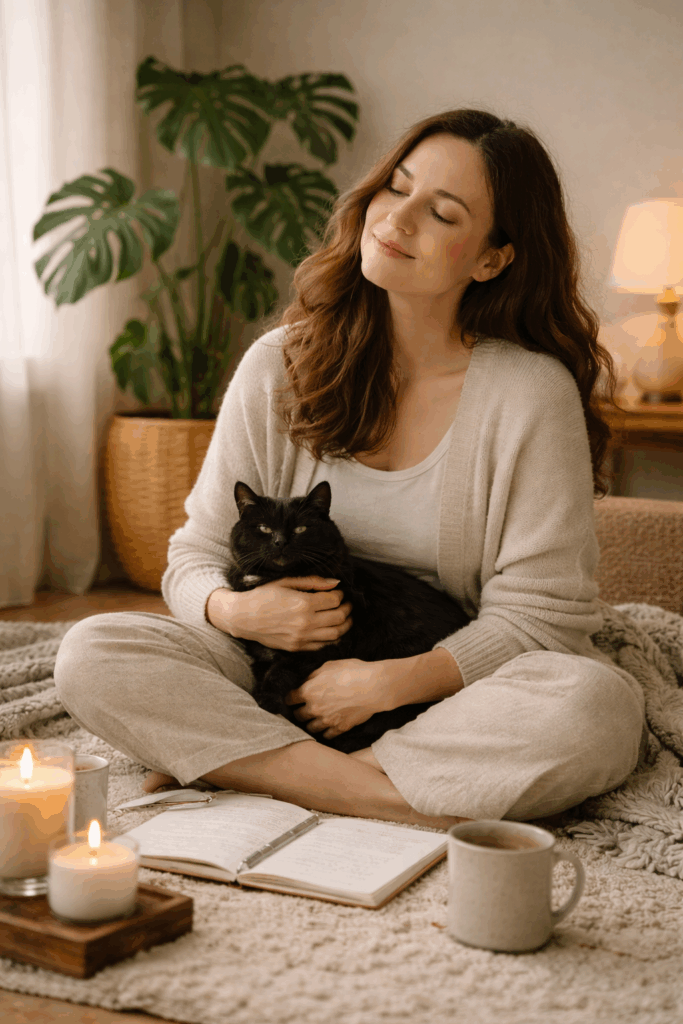 a woman with a cat on the floor